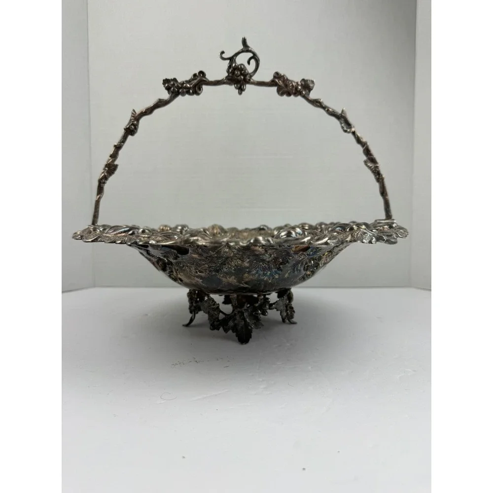 Vintage Silver Plate Tone Footed Bride Basket Repousse Grapes Gourd